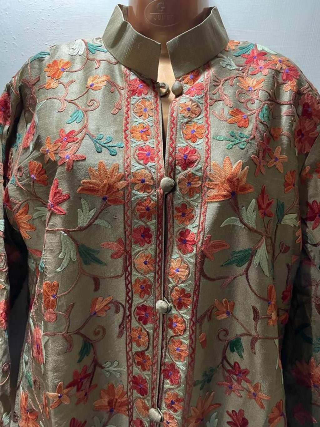 Almond Color Kashmiri Short Jacket With Floral Work In Silk Kashmir