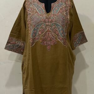 Cashmilon Embroidery Pheran in Olive Colour