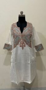 Cashmilon Embroidery Pheran in White Colour